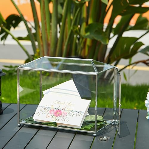 Miniatura 5 de WHSLILR Caja de tarjetas de cristal de 10 pulgadas con cerradura para recepción de boda, decoración cosmética del hogar, terrario geométrico grande
