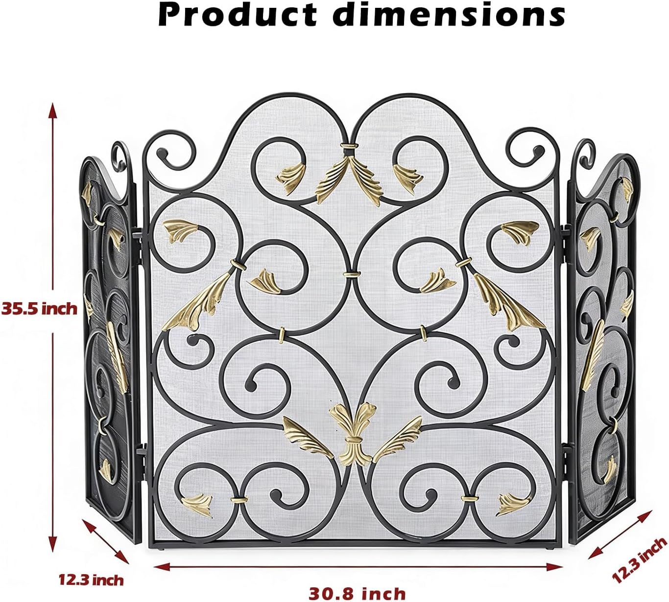 3-Panel Fireplace Screen, Wrought Iron Metal Guard, Beautiful Decoration, Can Protect Infants and Pets, Suitable for Indoor and Outdoor Use, 35.5x55.4 Inches (Black Gold Color)
