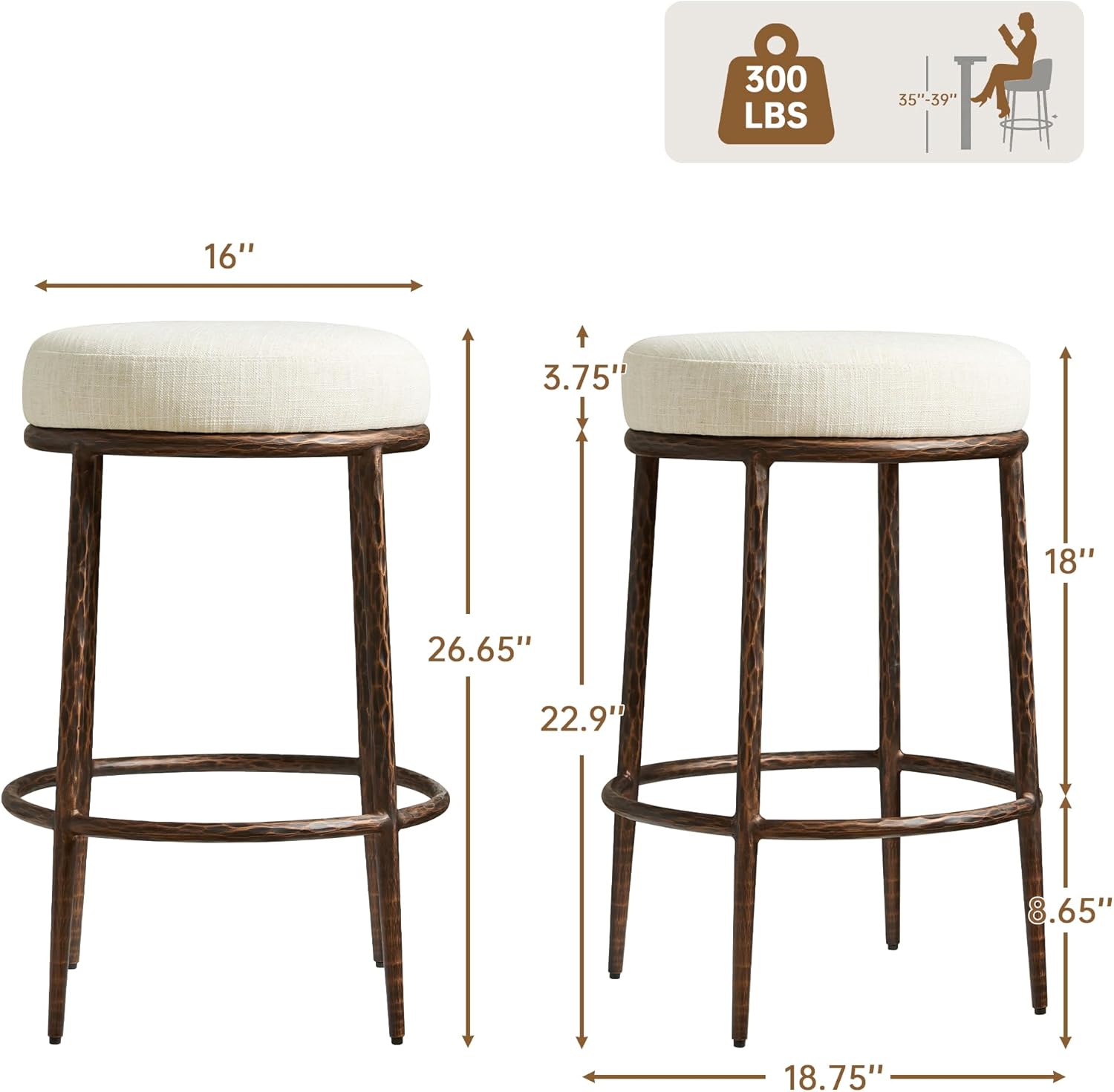 Morden Fort Modern Counter Height Bar Stool, 26 Inch Hand-Hammered Metal Bar Stool with Linen Upholstered Seat, Backless Designer Island Chair for Kitchen Counter, Industrial Antique Bronze