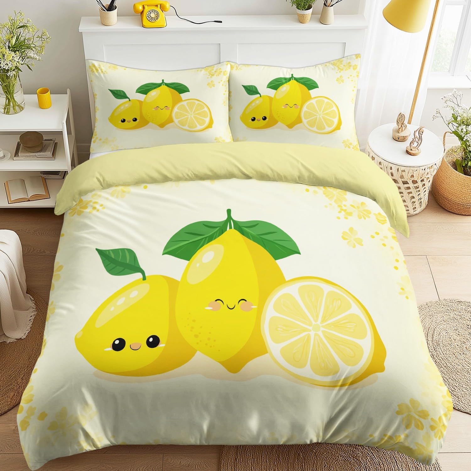 Parure de lit 160 x 200 cm microfibre premium motif citron frais
