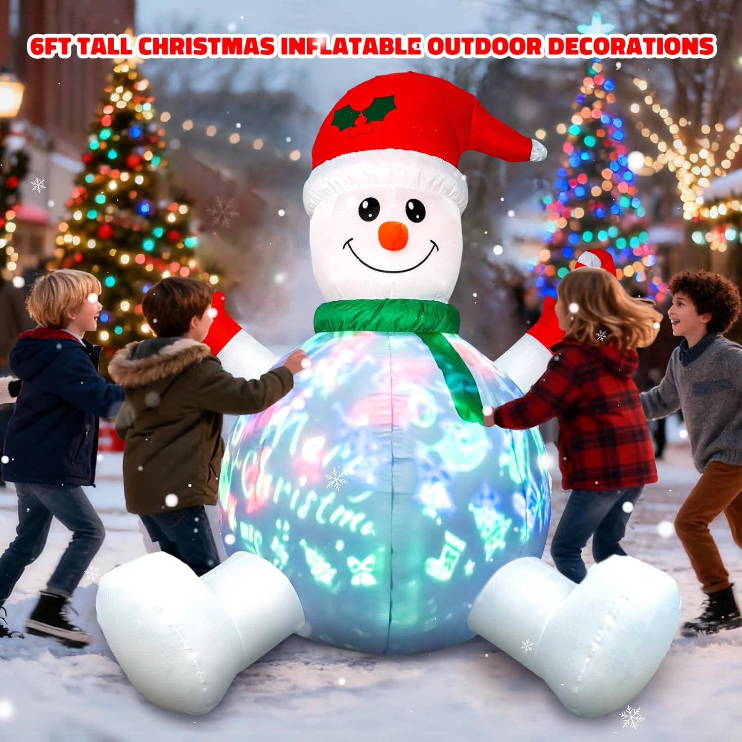 HFO 6ft Tall Christmas Inflatable Outdoor Decorations, Blow up Yard Decor with Christmas Snowman Sang Along with the Music Projection, Bright LED Lights Holiday Outdoor Decorations
