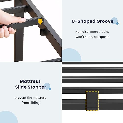 Miniatura 5 de Superay Base de cama de metal de 14 pulgadas con tapón deslizante para colchón, plataforma de listones de acero doble negro anti chirridos, marcos