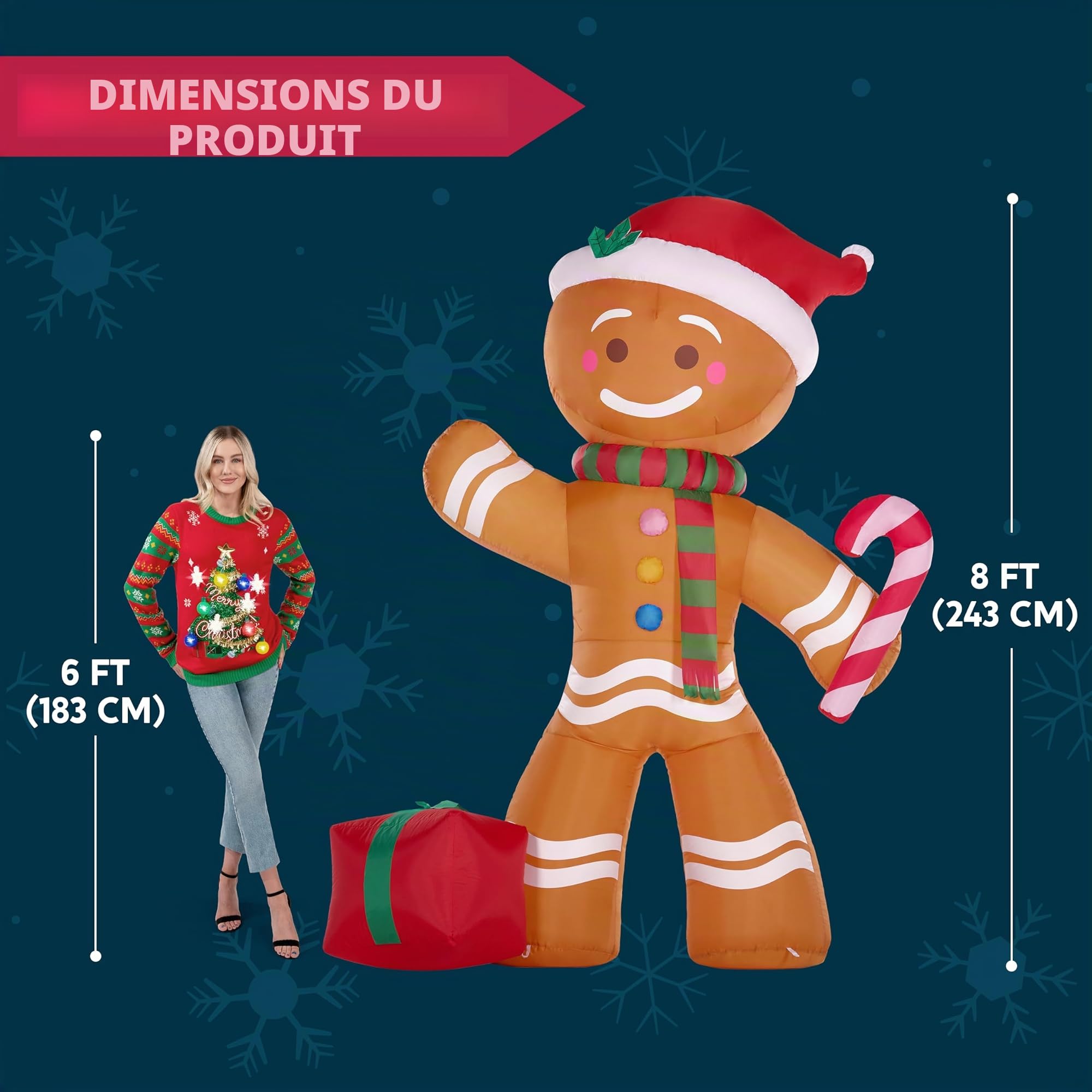Joiedomi Bonhomme en pain d'épices gonflable de Noël de 2,4 m de haut avec sucre d'orge, décoration de cour gonflable en pain d'épices avec LED intégrées pour Noël, fête, extérieur, cour, jardin