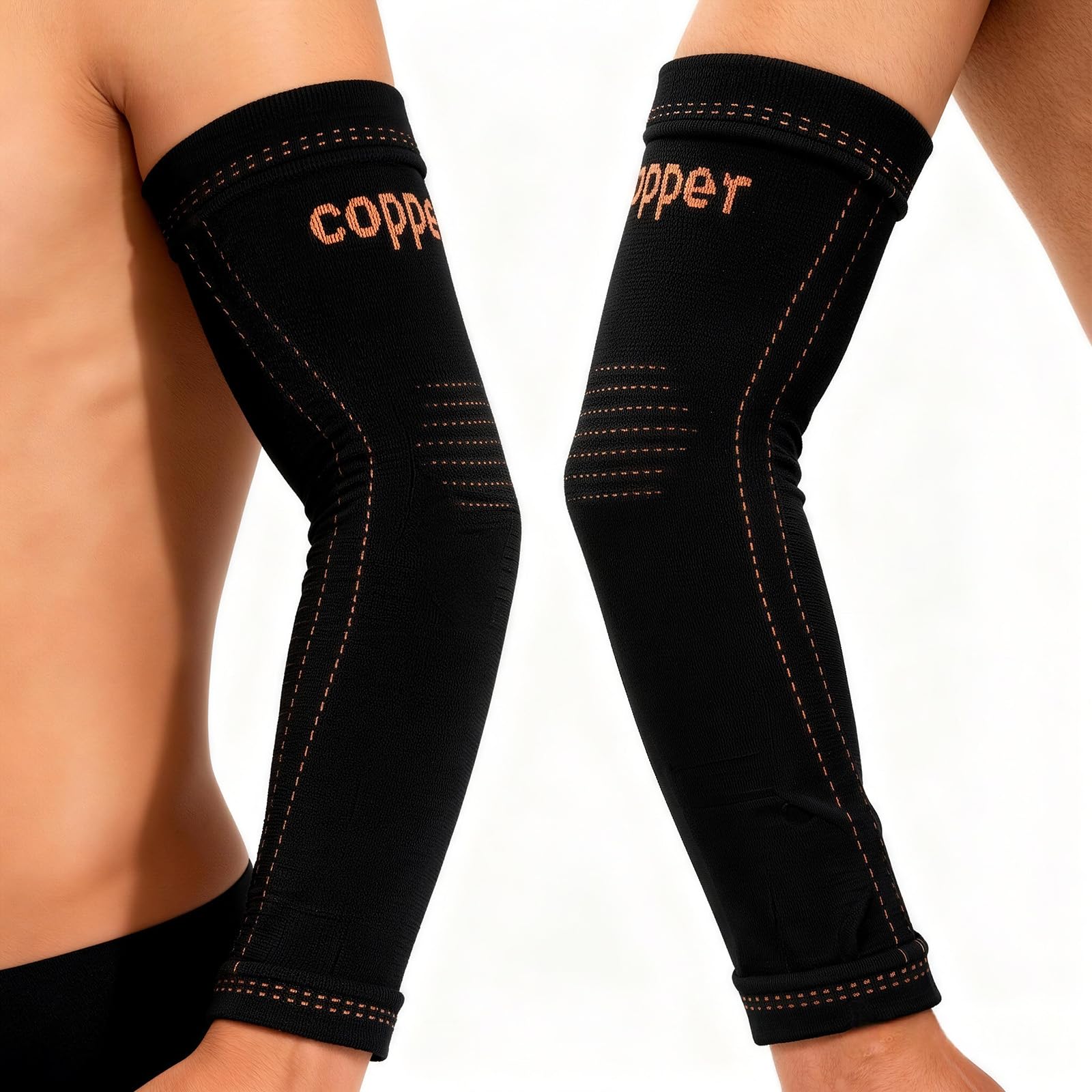 JIQUD Arm compression Sleeve (1 Pair),Copper Elbow Compression Sleeve,Elbow Brace for Tennis Elbow Tendonitis,Full Arm Sleeve for Men & Women,Sports