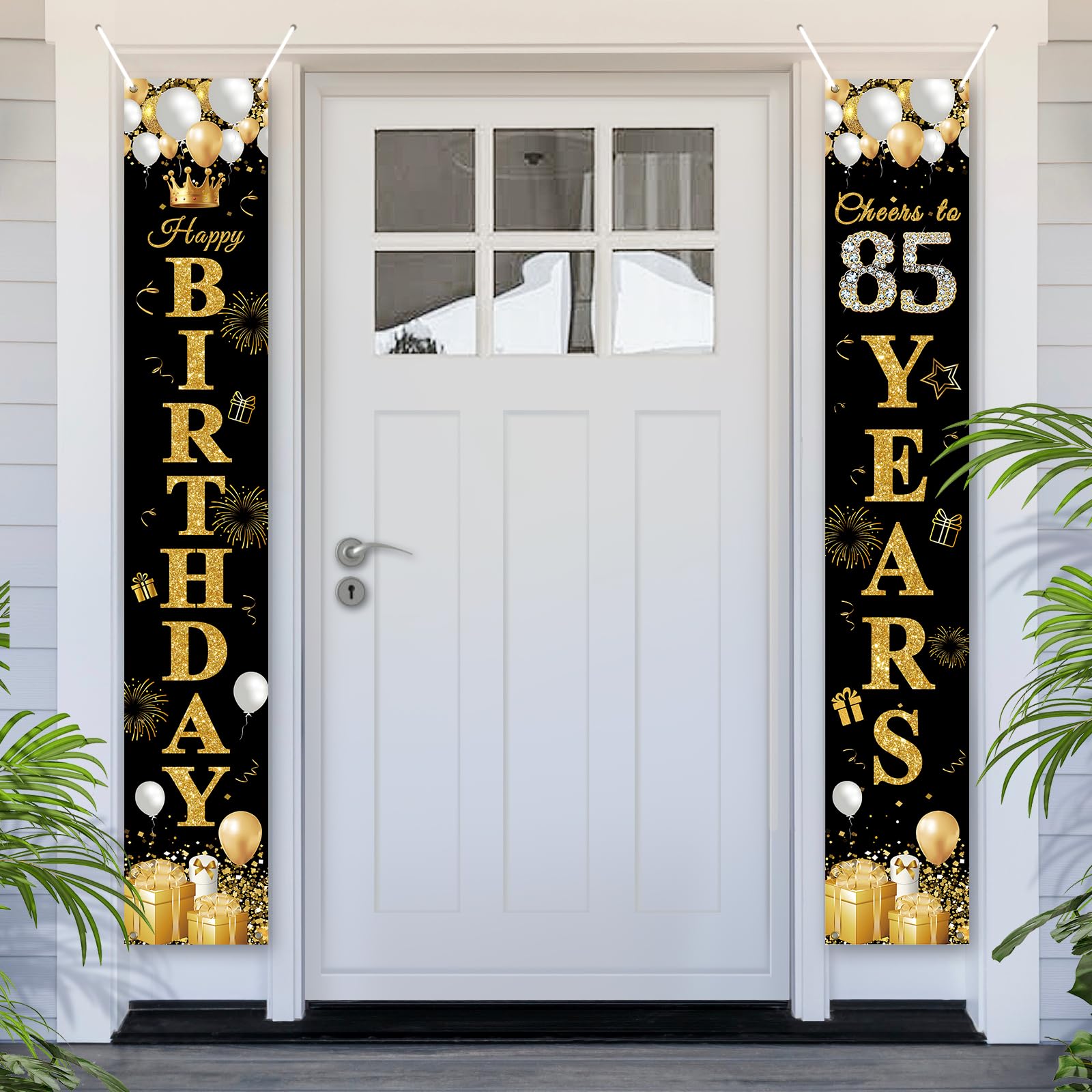 PartyYaa 85th Birthday Banner, 85th Birthday Door Banner Decorations, Party Photo Booth Background Door Decor Sign Poster for Men Women (Black Gold)