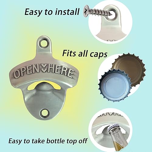 Miniatura 6 de Abridor de tapas de botellas de montaje en pared de plata antigua, abridor de cerveza vintage montado en poste ABIERTO AQUÍ Antiguo (6 paquetes)