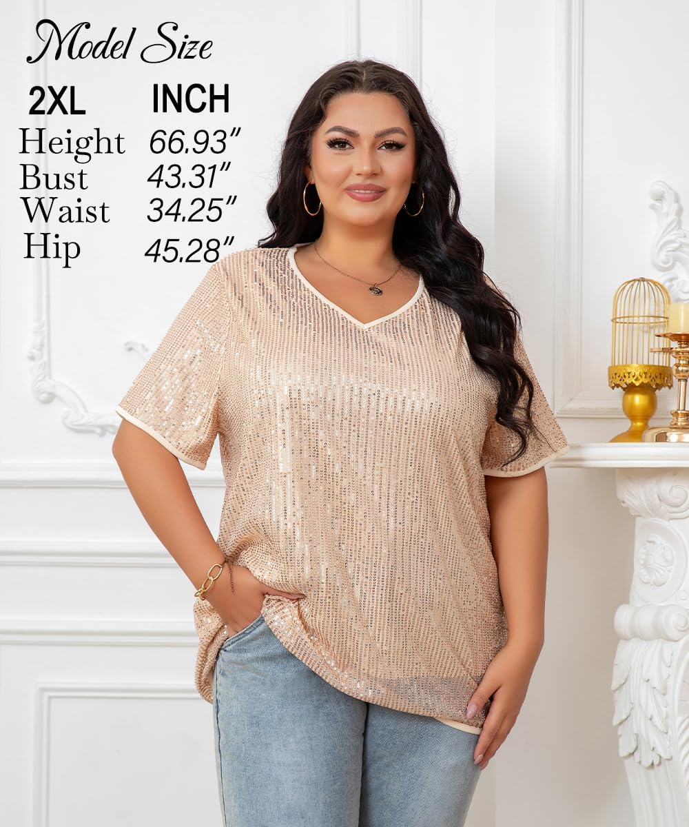 Plus Size Sequin Tops for Women Short Sleeve Party Shirts Shimmer Summer Wedding V Neck Blouse Oversize XL-4XL - Image 2