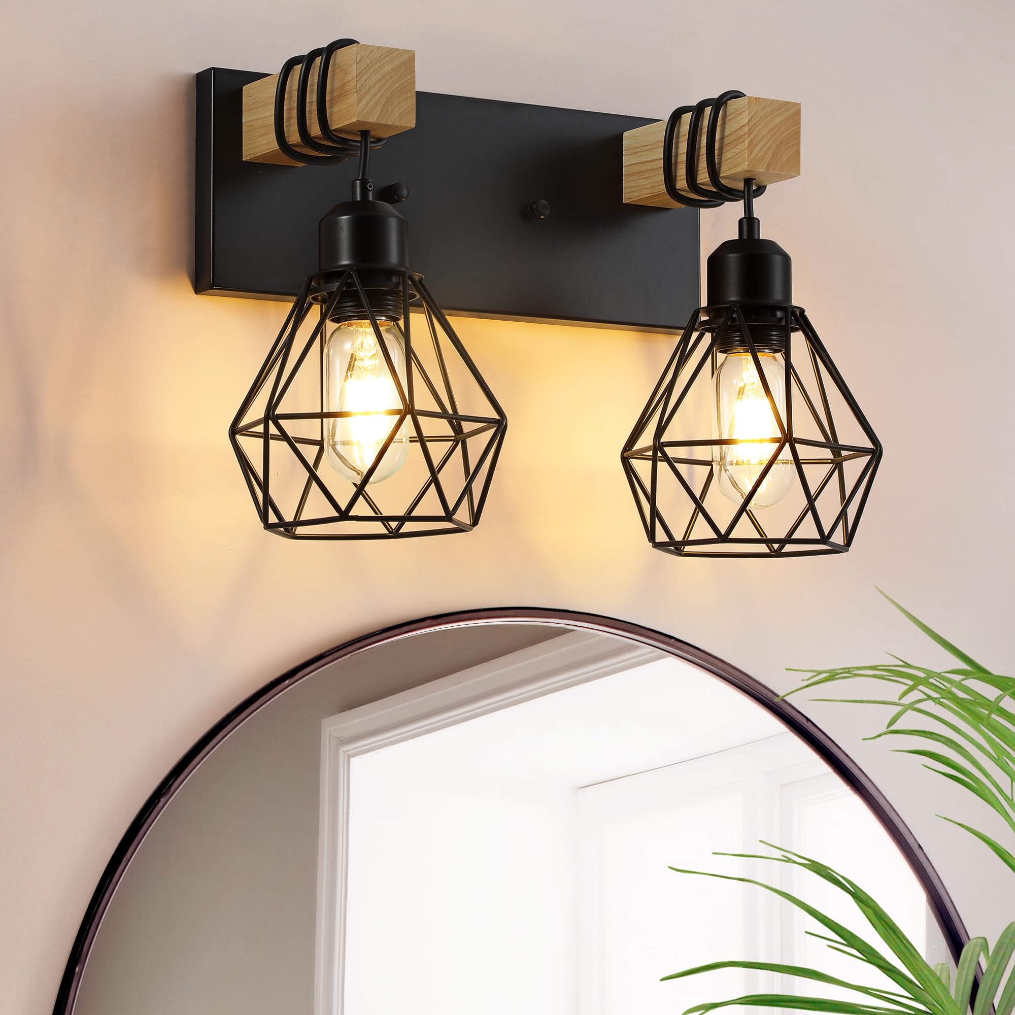 VbiTmn Bathroom Light Fixtures, 2 Light Black Farmhouse Wood Vanity Lights