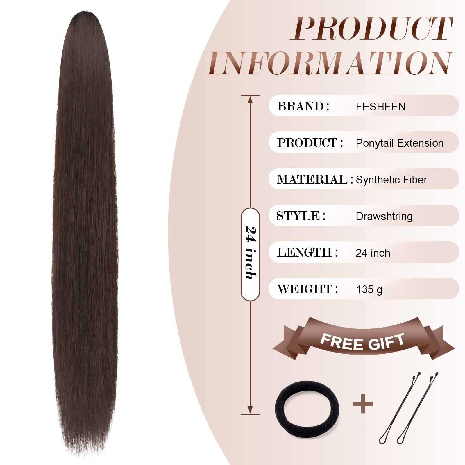 FESHFEN Postiche Queue de Cheval Cordon Droit Lisse, 60 cm Longue Ponytail Cheveux Naturel Postiche Synthétique Rajout Queue de Cheval pour Femmes Drawstring Ponytail Extension, Brun