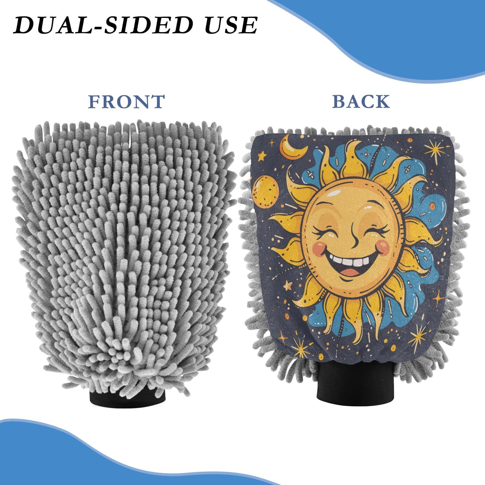 ALAZA Sun Moon Star Cartoon Funny Car Wash Mitt Scratch Free, 2 Pack Absorbent Microfiber/Chenille Washing & Drying Mitts, M