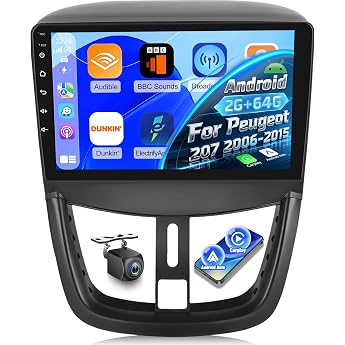 [2G + 64G] Android Car Radio for Peugeot 207 2006-2015 with Wireless Carplay and Android Car 9 Inch HD Touchscreen Car Radio with GPS/WiFi/Bluetooth/EQ/FM RDS