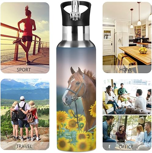 Miniatura 5 de ALAZA Botella de agua con diseño de girasoles de caballo con tapa de pajilla, aislada al vacío, de acero inoxidable, termo botella de agua de 20