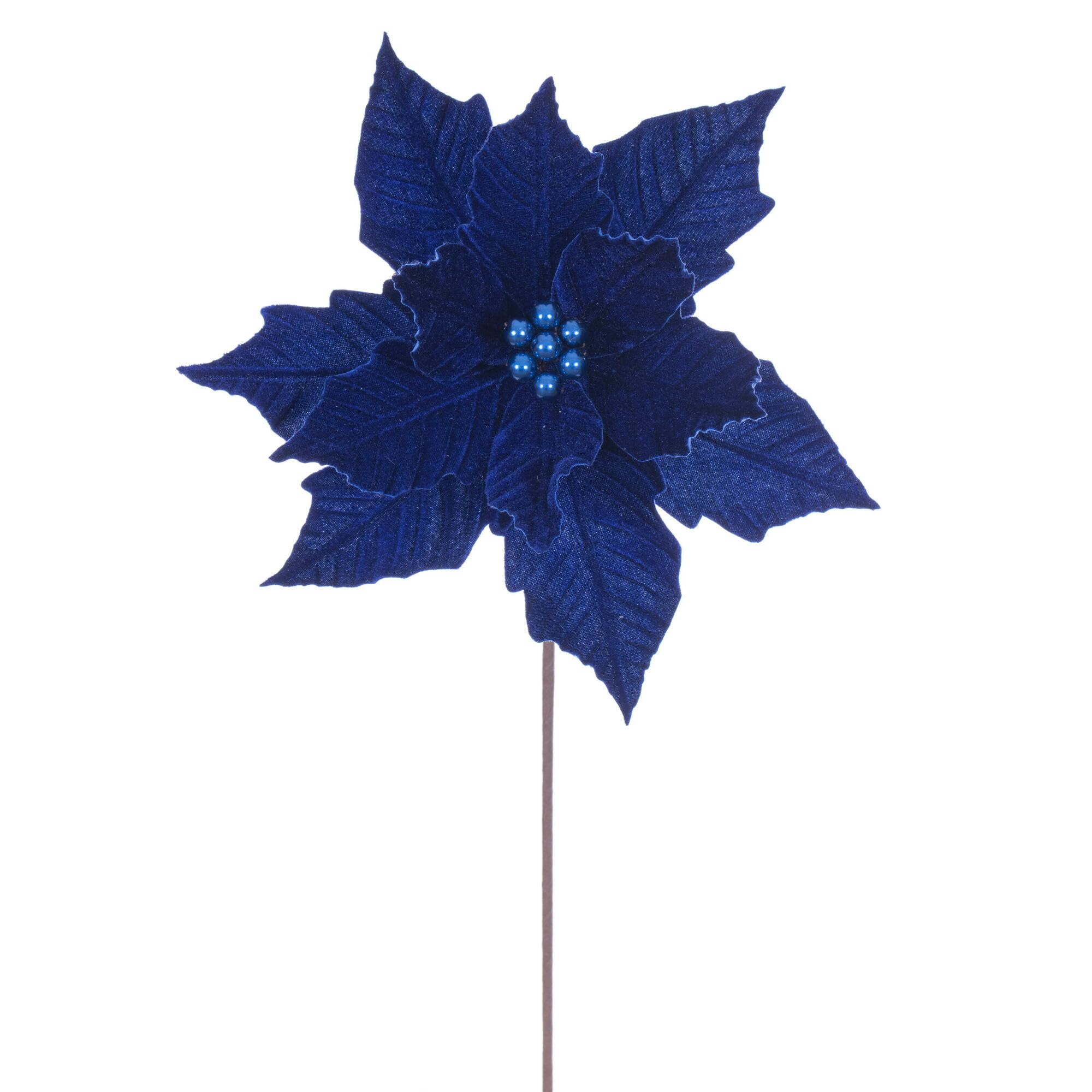 Vickerman Tallo de Flor de Pascua de Terciopelo Azul de 12 x 20 Pulgadas. Incluye Cuatro Piezas por Bolsa.