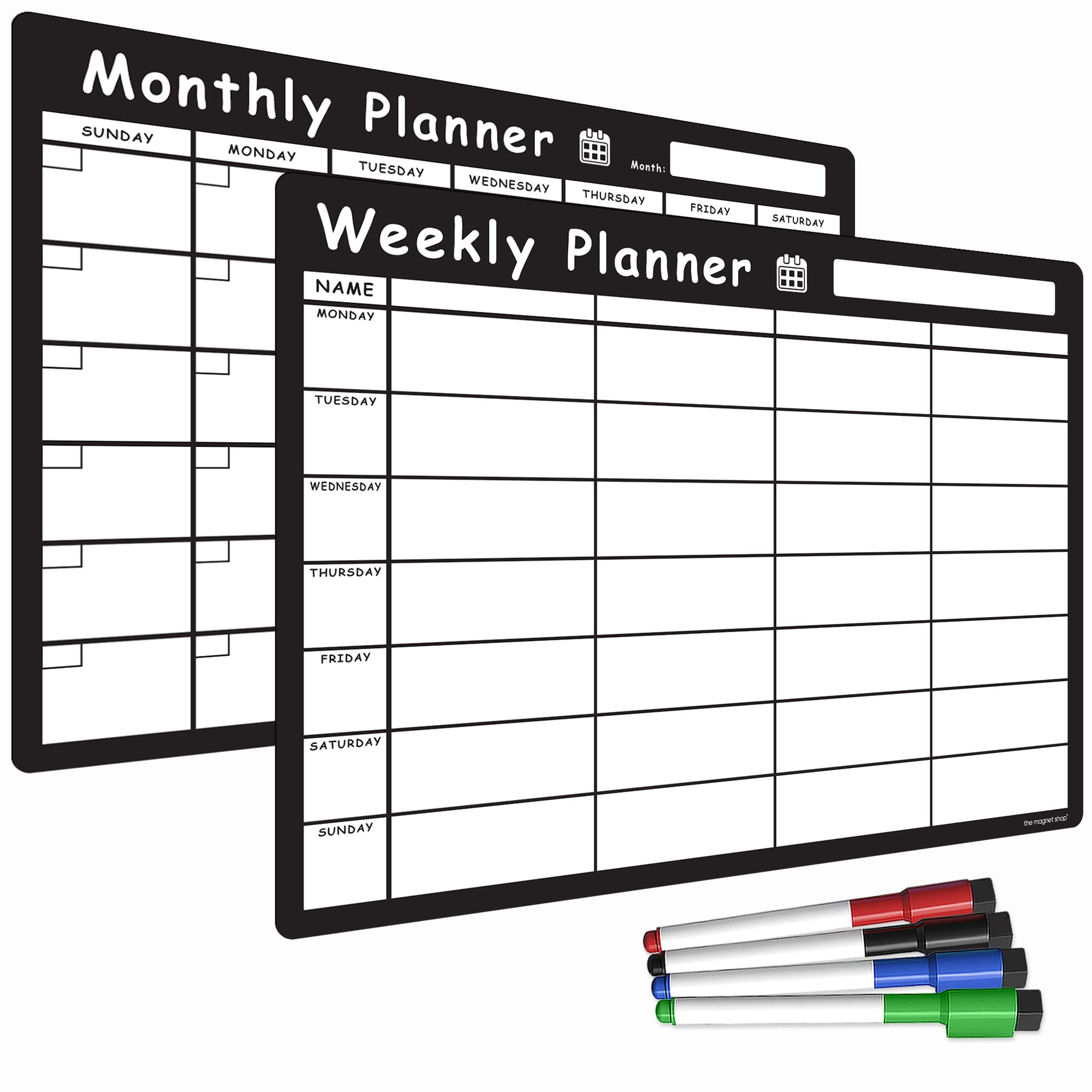 TMS A3 Monthly Planner Whiteboard | Magnetic Fridge Calendar for Meal Prep, Work or Family Planning | Made in The UK (A3 + A3, Black (Comic Sans) Combo)
