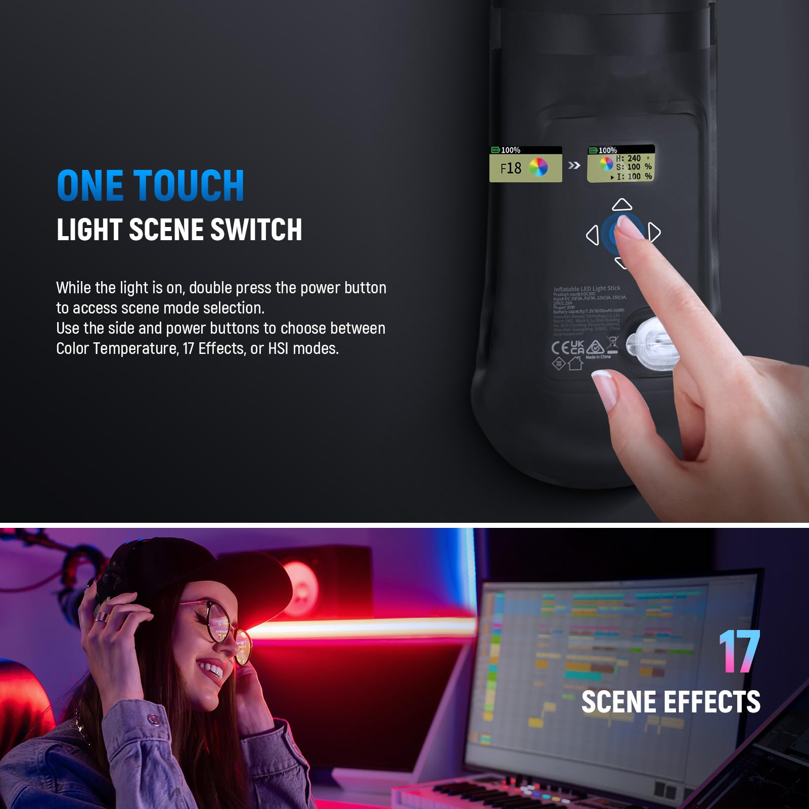 NEEWER 30 W 35,5"/90 cm ręczne wypełnienie RGB światło, przenośne nadmuchiwane oświetlenie TPU 5000mAh typ C 45W wejście i 30 W wyjście, 3000Lux 17 Efekty 2700-6500K CRI95 do nagrywania fotografii