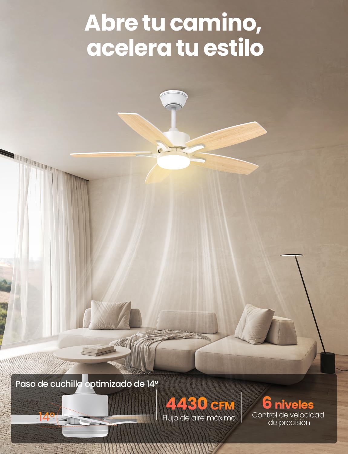 Ventilador de Techo con Luz 106 cm, Silencioso 20 dB, Motor DC, Mando a Distancia, LED Regulable, 6 Velocidades, 5 Aspas Dobles, Función Verano Invierno, Madera Clara/Blanco