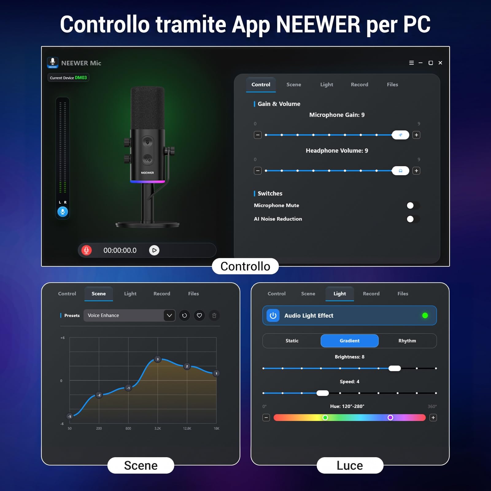 NEEWER DM03 Microfono Dinamico RGB USB/XLR con Muto Antirumore AI Controllo del Guadagno Mic e Volume Cuffie, Monitor TRS 3,5mm, Supporta App MIC/EQ/Sinc Musica per PC Video Gioco Podcast Canto
