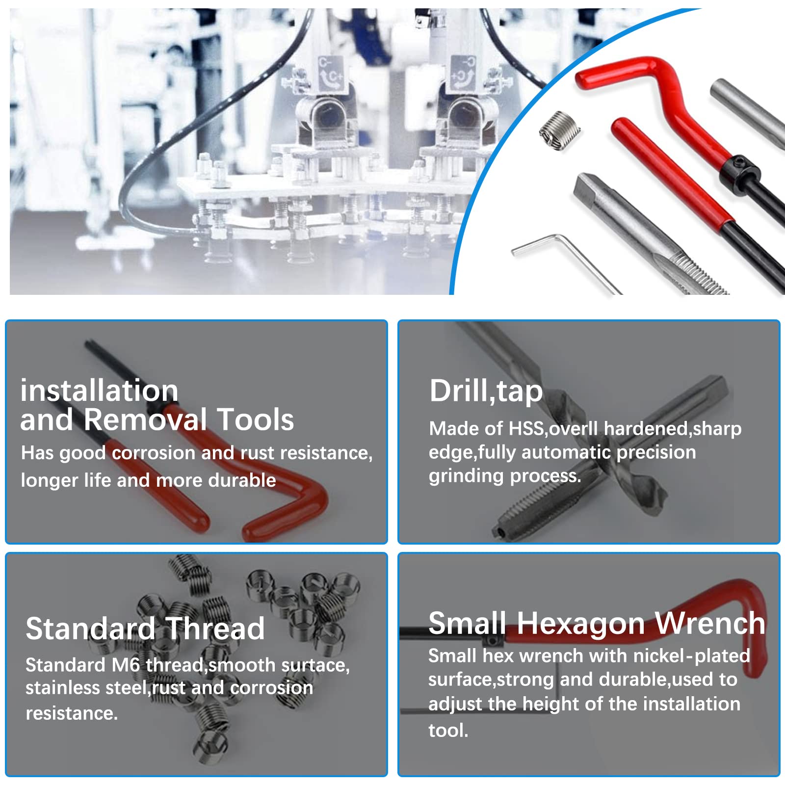 1 Kit Riparazione filetti,Kit di Riparazione Filettatura in Acciaio Inox Filettatura Interna di Riparazione Accessori Assortimento Kit di Inserti Filettati