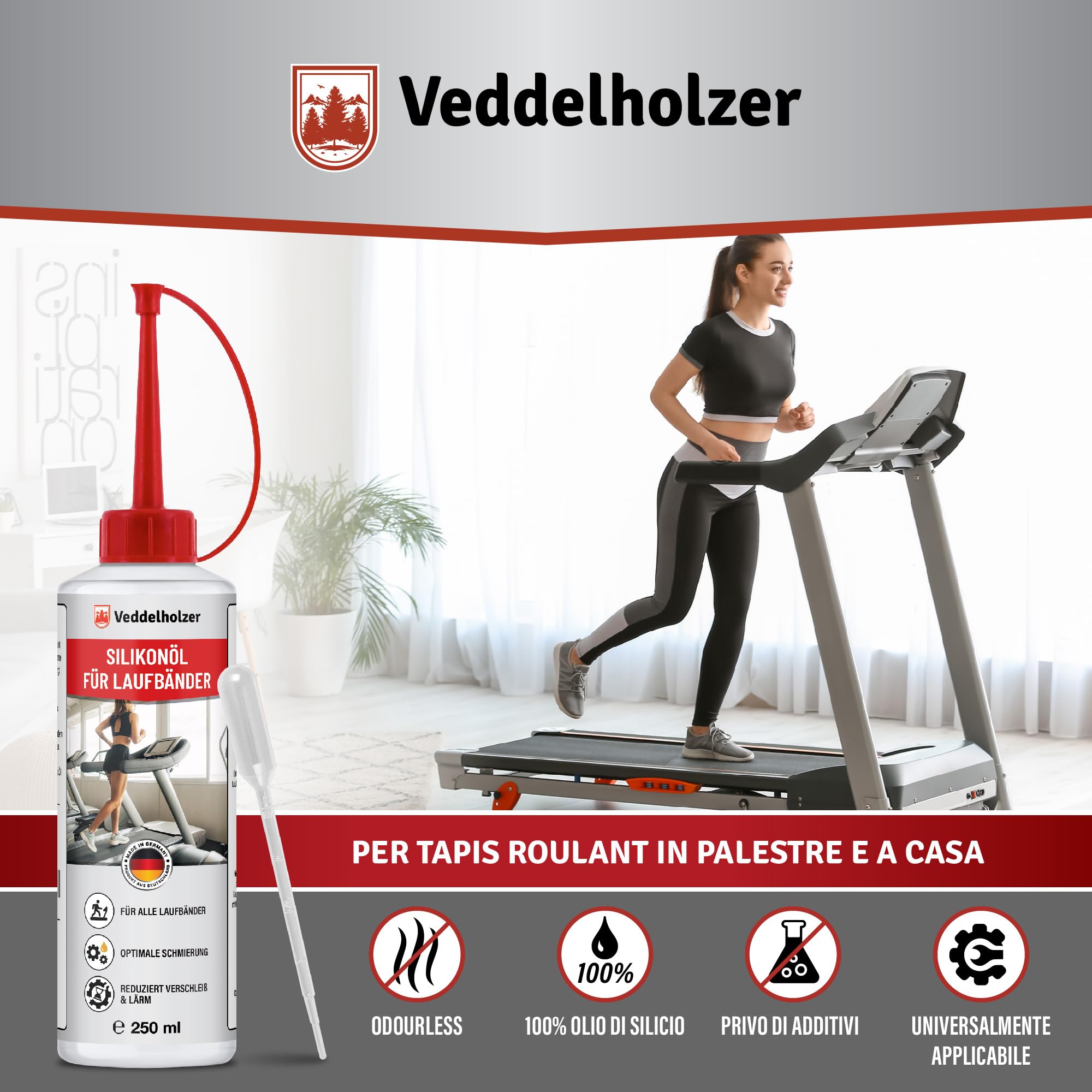 Veddelholzer 250 ml 100% olio di silicone puro tapis roulant con tappo dosatore e pipetta per casa, palestra, tapis roulant, olio universale per tapis roulant, Cross Trainer, Spinning Bike e altri