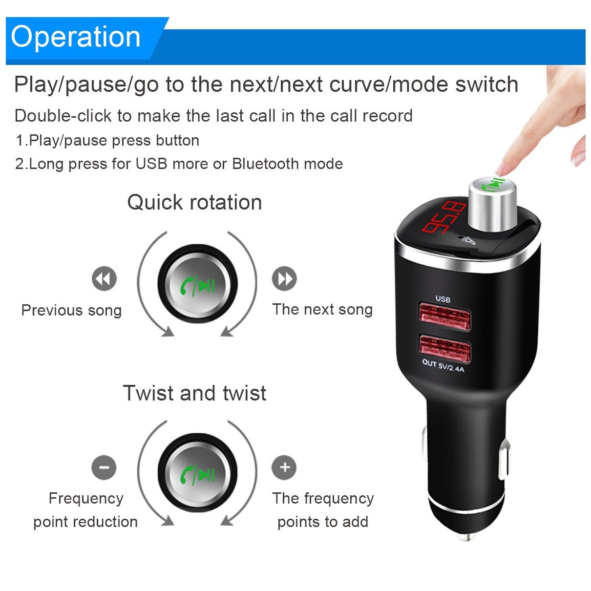 Universal Car MP3 Player Hands Free Bluetooth FM Transmitter Adapter for Car Stereo and Doul USB Charger