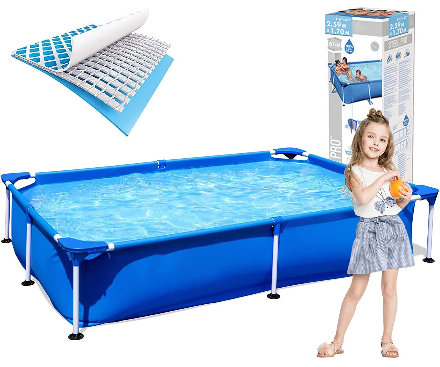 LIODUX Above Ground Pool Set, Outdoor Family Pool, Rectangular Metal Frame Above Ground Outdoor Backyard Swimming Pool, Blue (260 * 170 * 61cm)