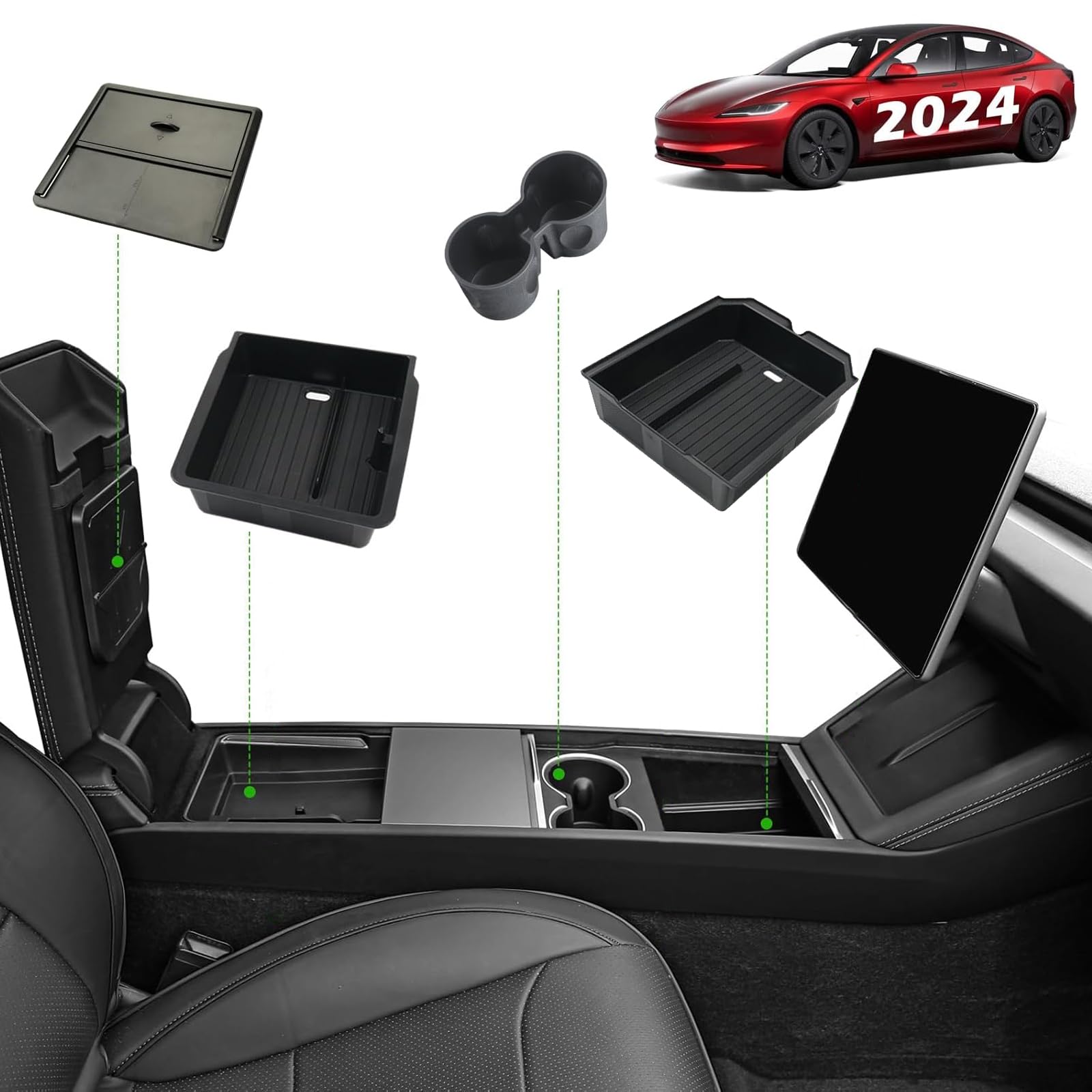 Dsocool4PCS 2024 Center Console Organizer Tray Compatible with Tesla Model 3 Highland Accessories 2024 Cup Holder Insert Armrest Hidden Storage Box Armrest Storage Box Tray Interior Accessories