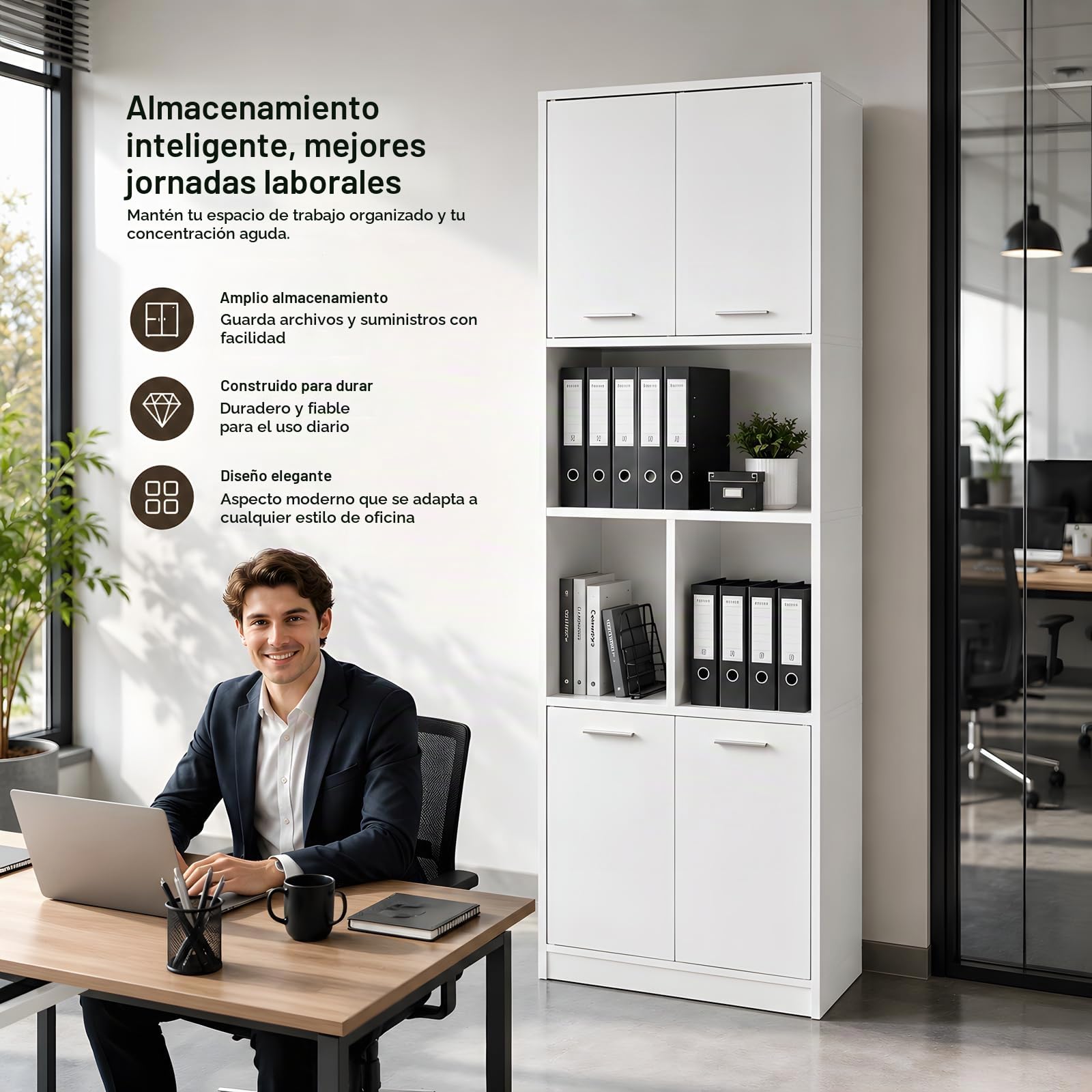 Armario Multiusos Blanco con 4 Puertas, Mueble Auxiliar de Cocina y Armario Despensa, Armario Oficina con Estantería, Armario 60 cm Ancho y 40 cm Profundidad
