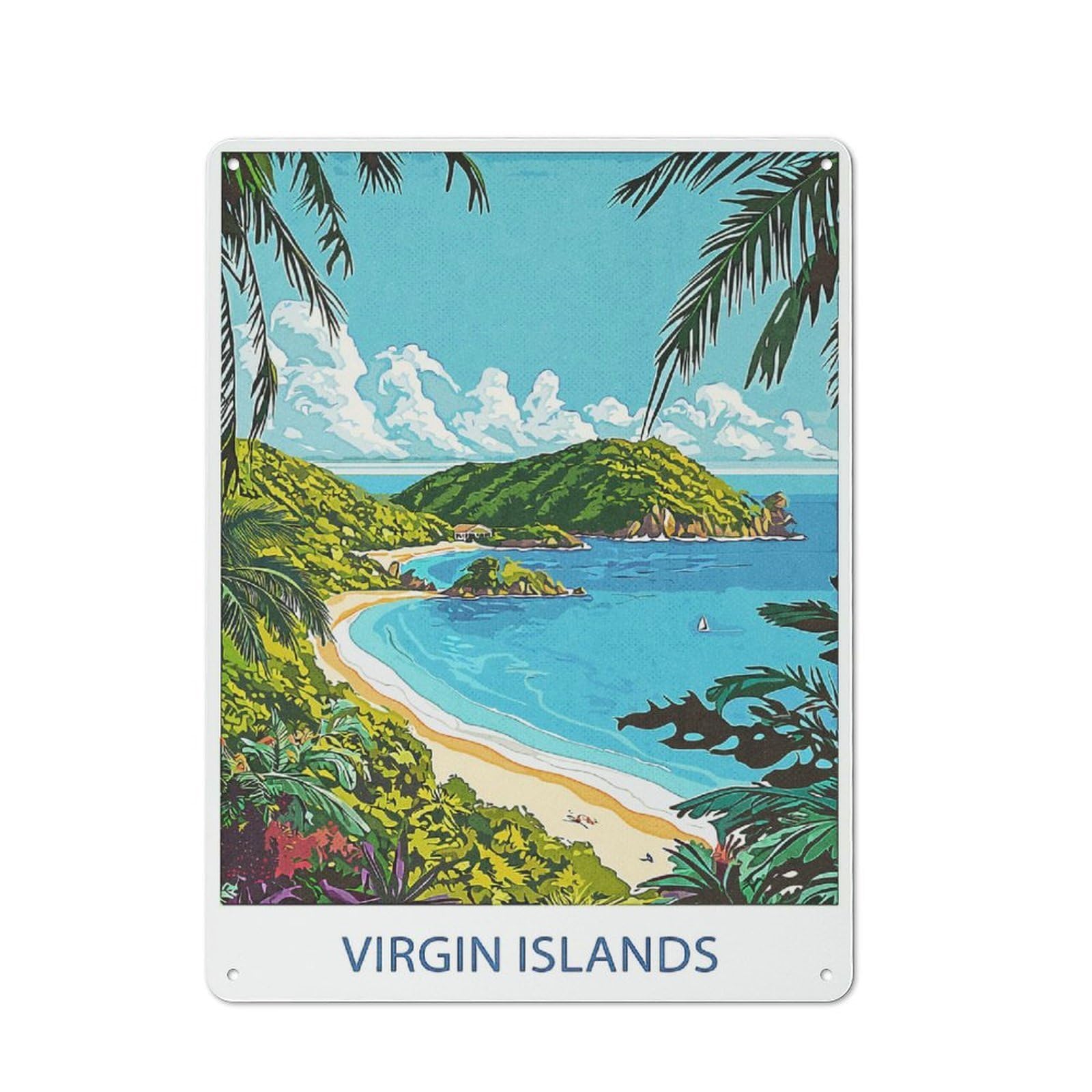 Junmoney Style Virgin Islands Beach Scene Decorative Tin Plaque 40X30cm, Decorative Novelty Wall Art For Hallway, Home Bar, Garage Or Study