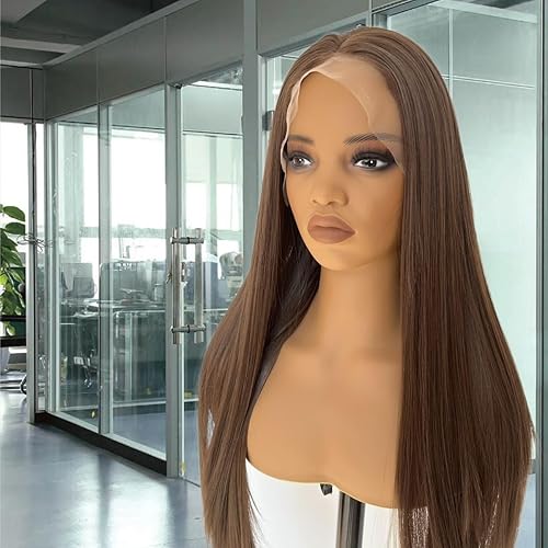 Miniatura 3 de Pelo sintético largo natural marrón claro fibra segura pelo T-parte encaje frente pelucas 26 pulgadas cabeza completa