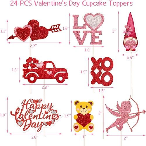 Miniatura 3 de 24 piezas de decoración para cupcakes para el día de San Valentín, con purpurina, corazón, amor, San Valentín, alimentos, suministros de decoración