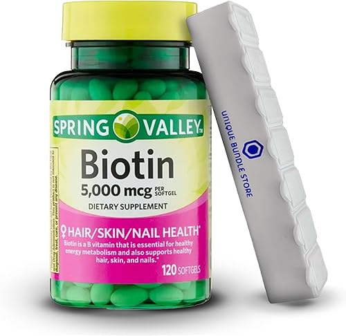Spring Valley, Biotina 5000mcg, cápsulas blandas, 120 unidades de suplemento dietético para la salud del cabello, piel y uñas + organizador de