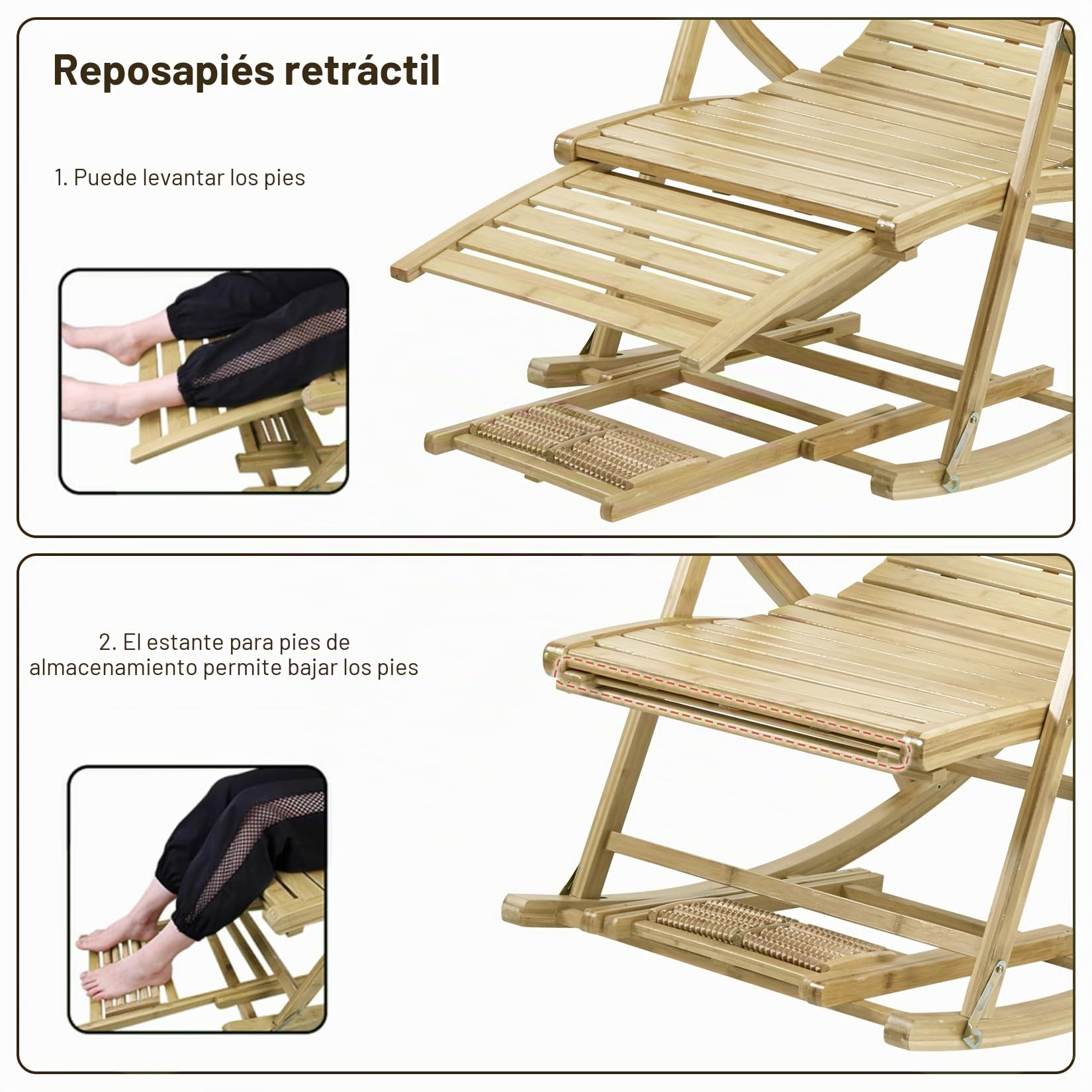 FATIVO Silla Mecedora de Jardín, Silla Tumbona Bambú Sillón Reclinable de Bambú Plegable con Reposapiés y Masaje de Pies 5 Posición Ajustable para Terraza Balcón Jardín Patio