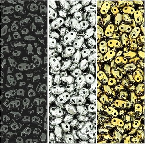 Paquete de 3 colores: MiniDuo checo de dos agujeros de semillas MiniDuo Beads 0.079x0.157 in, 8GM por color - Full Labrador Silver, Jet Black y