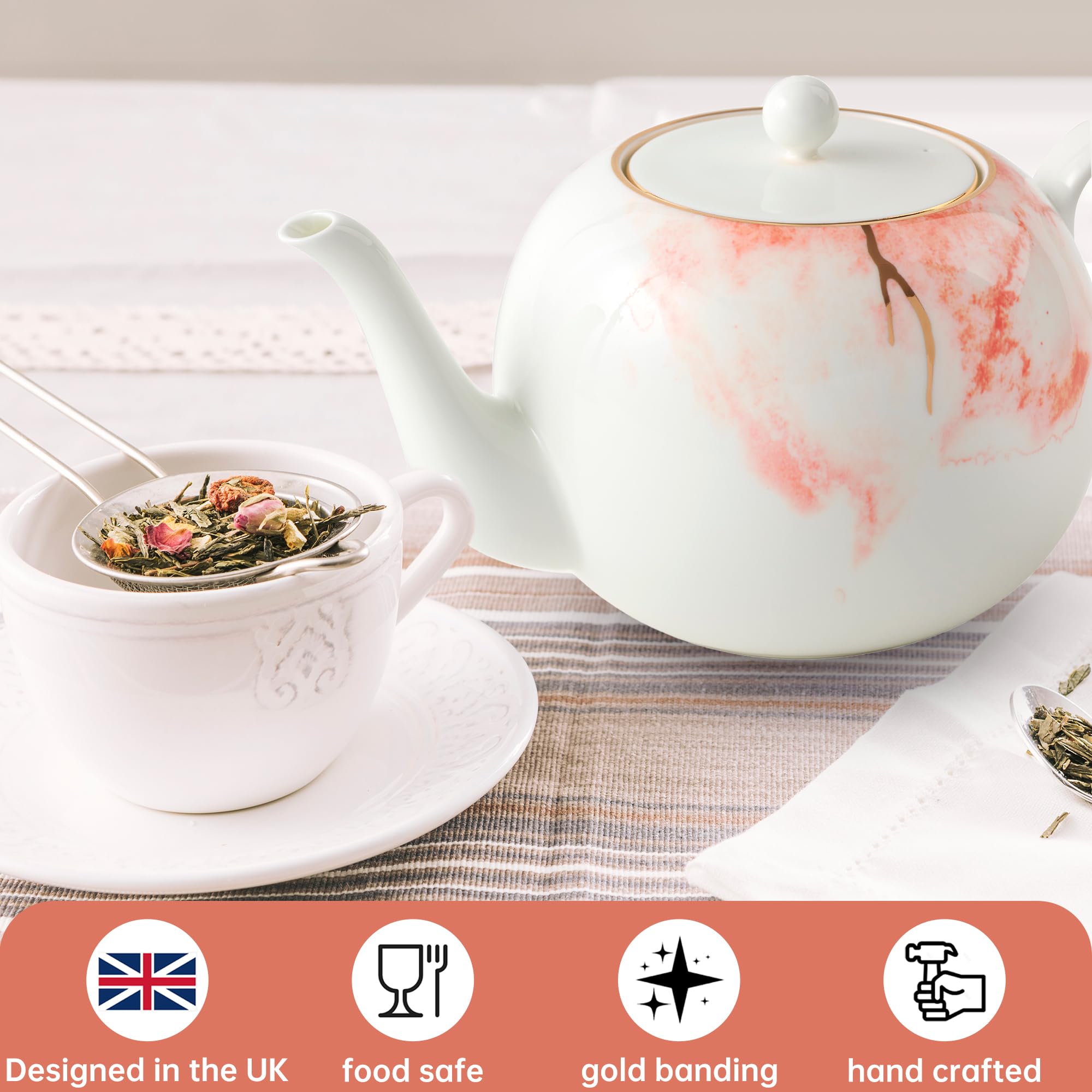 London Boutique Duży biały czajniczek 1,2 l ze złotą krawędzią, wbudowany filtr do herbaty liściastej, lekki porcelanowy czajniczek