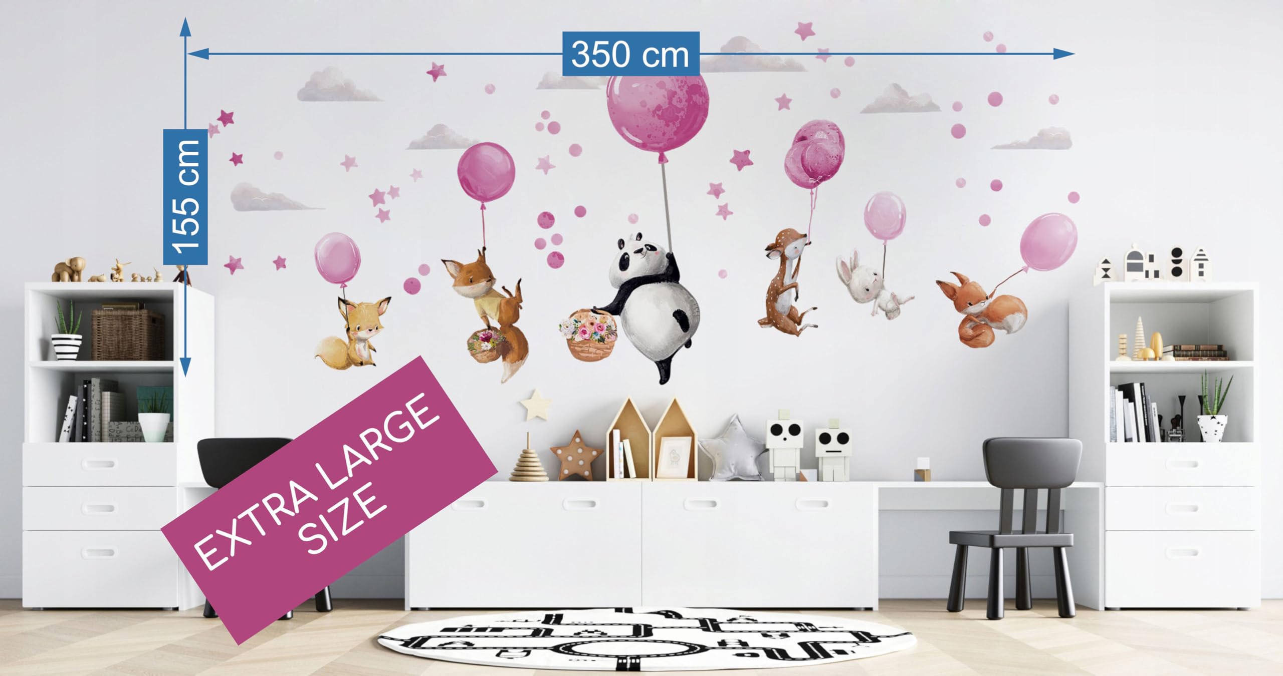 Duże naklejki na ścianę – zwierzęta na różowych balonach – panda, jeleń, lis, zając, dekoracja ścienna, do pokoju dziewczynki, chłopca, urodziny, baby shower, prezent XXL