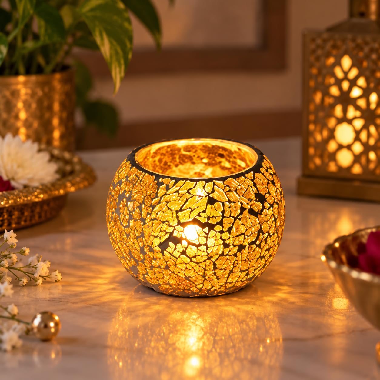 Red Mosaic Glass Tea Light Holder - Diwali Decor -15