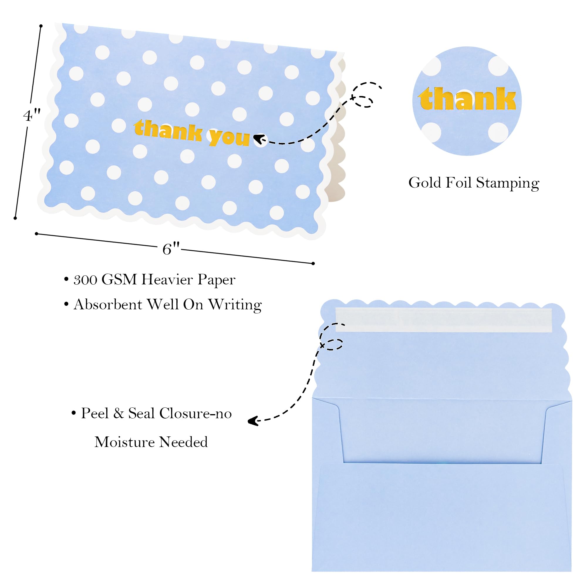 Crisky Assortiment de 3 cartes de remerciement ondulées bleues avec enveloppes (lot de 50) pour anniversaire, fête prénatale, fête prénuptiale, mariage, remise de diplôme