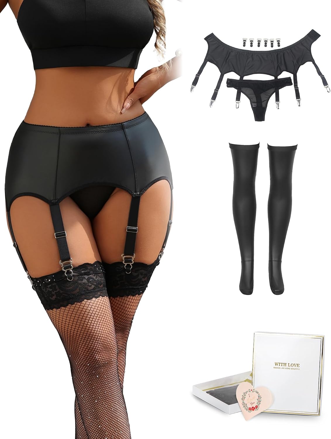 ohyeahlady Womens Faux Leather Garter Belt with 6 Strap Metal Clip Sexy Suspender Sets for Thigh Highs with G-String Thongs