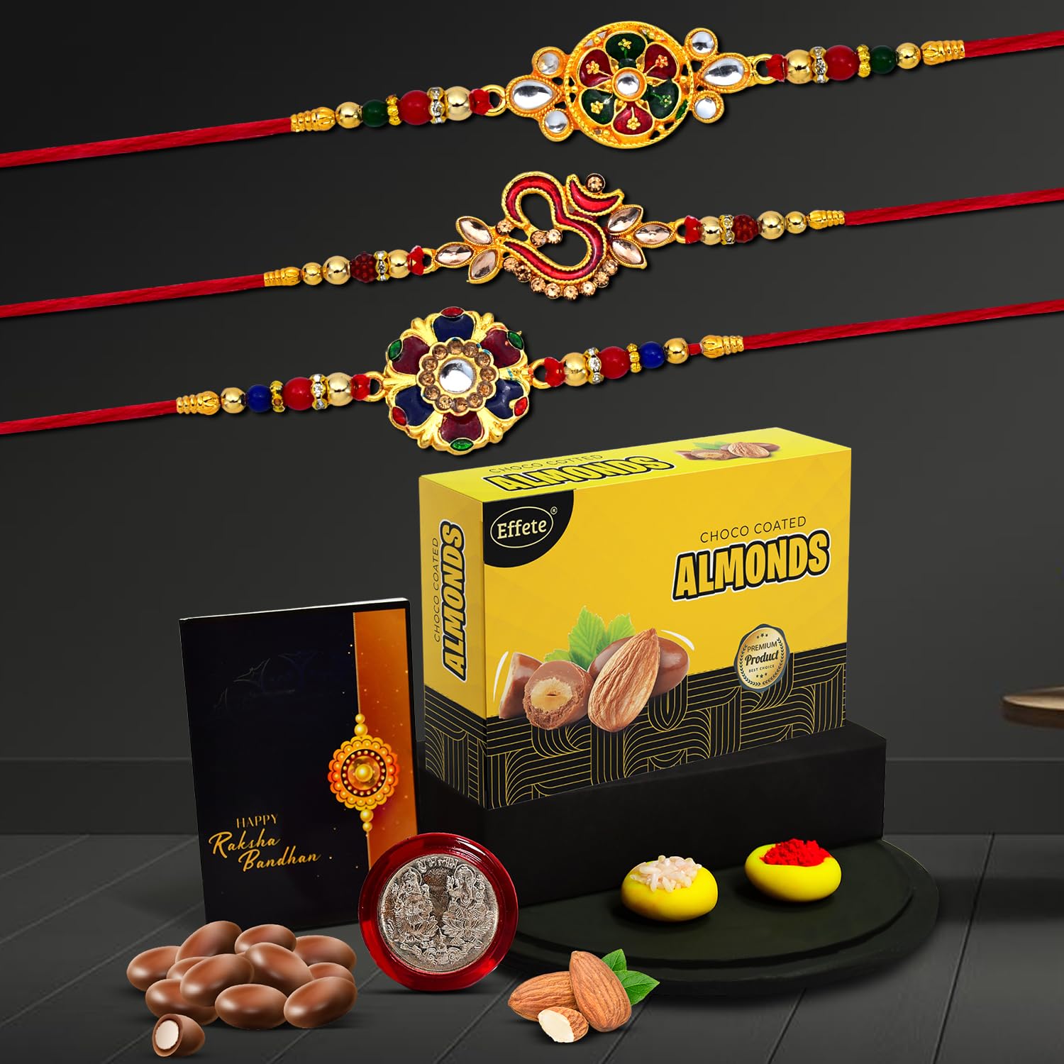 Oblivion (K3_550+551+552_EA32) Rakhi Combo with Effete Chocolate Almond 32gm, Pooja Coin & Greeting Card| Rakhi for brother with gift | handmade rakhi |rakhi combo for brother | stylish rakhi for brother | rakhi set of 3 | (B0CFQCSGZ7) Amazon Price History, Amazon Price Tracker