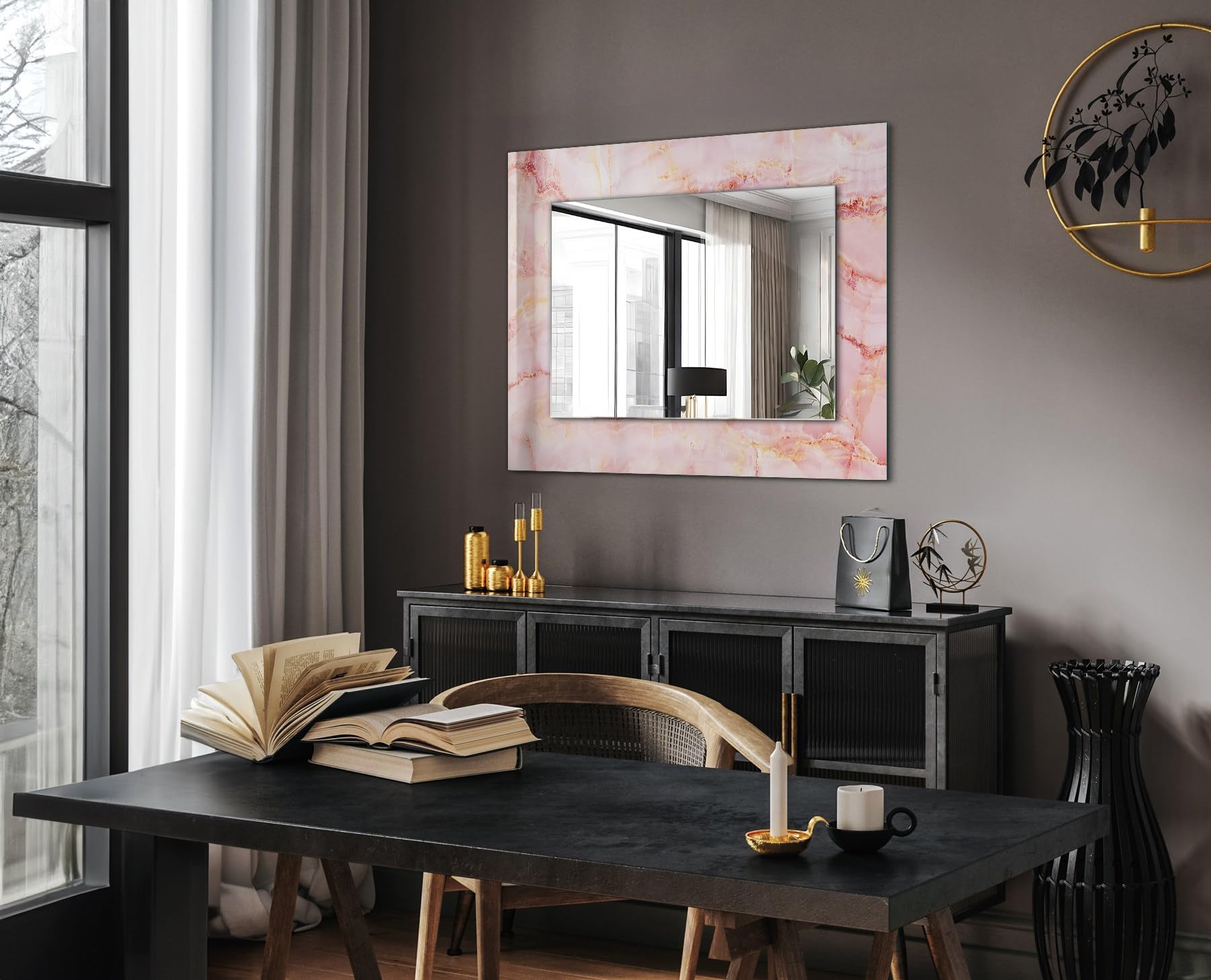 Współczesne szklane lustro 80 x 60 cm (31,5 cala x 23,6 cala) | Prostokątna dekoracja ścienna z nadrukowanym obramowaniem - wzór różowego marmuru