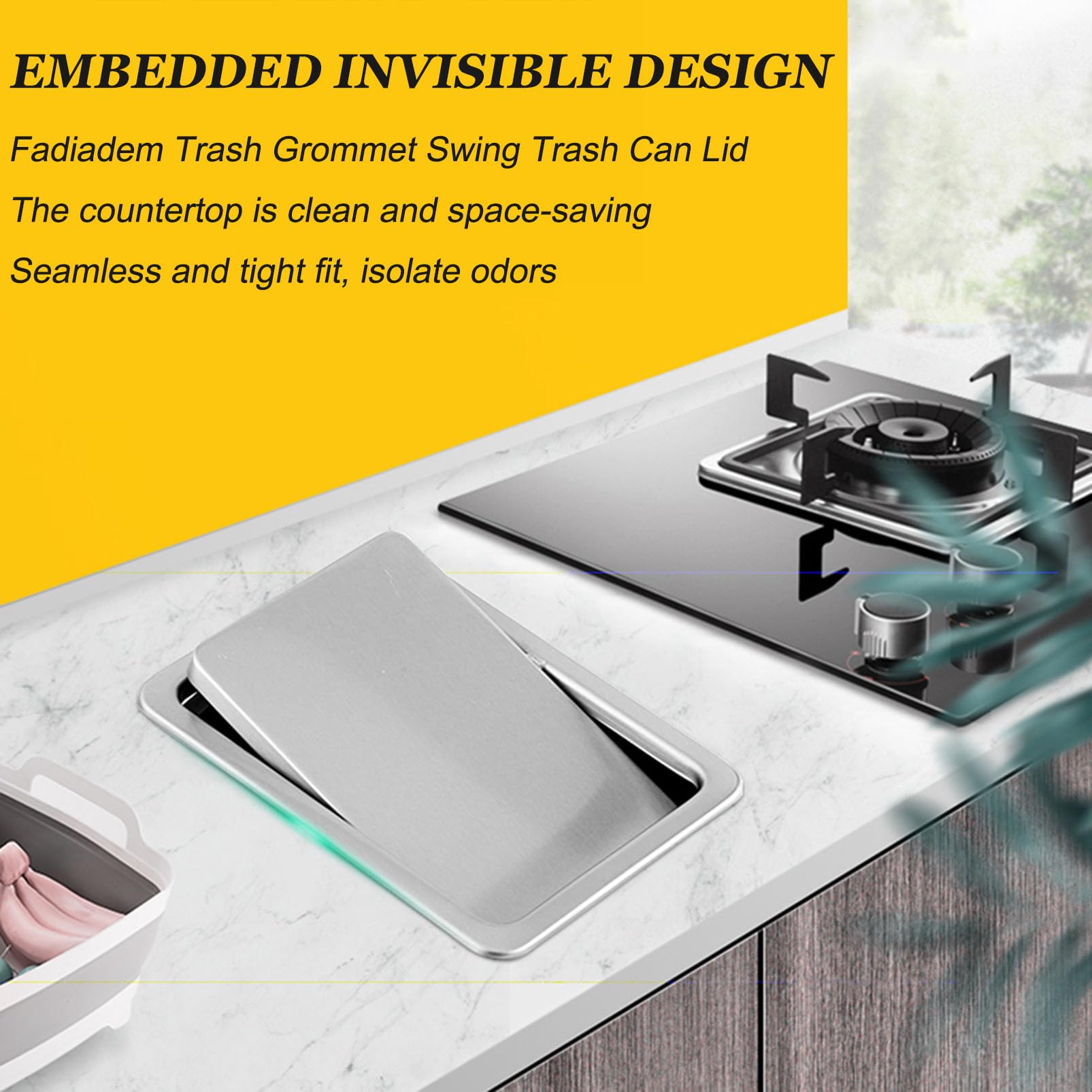 Tapa de cubo de basura integrada de acero inoxidable con solapa, tapa de cubo de basura de cocina para restaurantes, hogar, baño, y diseño elegante