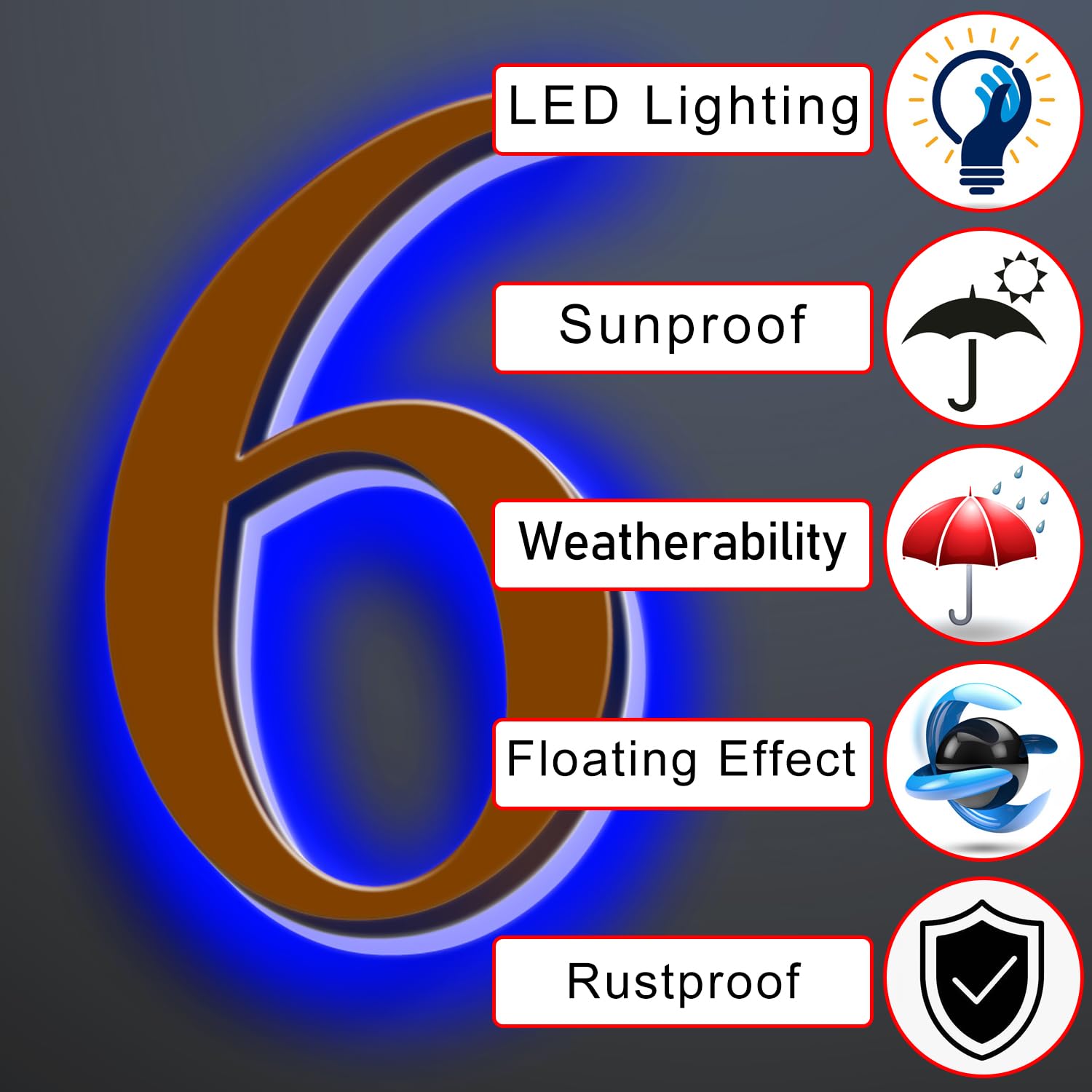 Numeri Civici Retroilluminati A LED Illuminati 14 Pollici, Finitura Marrone, Targa Illuminata Per Indirizzi Illuminati Per Esterni, Numeri Civici Moderni Illuminati, Marrone, Luce Blu