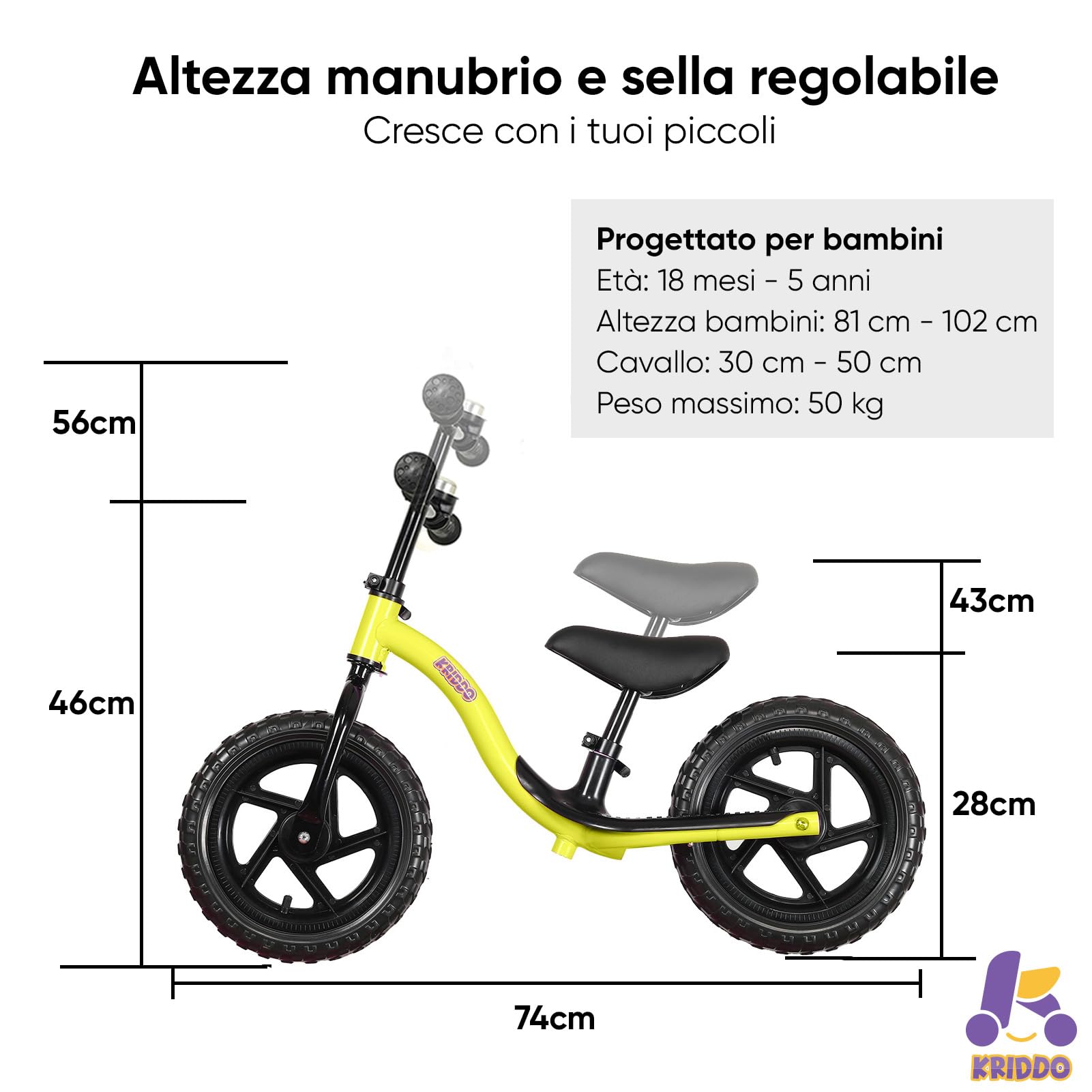 KRIDDO Bicicletta Senza Pedali per Bambini di 2 Anni, Età 24 Mesi a 5 Anni, Bicicletta Interattiva per Apprendimento Precoce con Stabilità, Regalo per Bambini e Bambine di 2-5 Anni