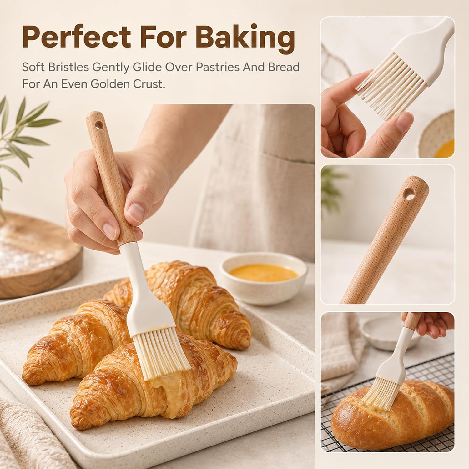 2PCS Silicone Basting Brush, Silicone Oil Brush with Wooden Handle