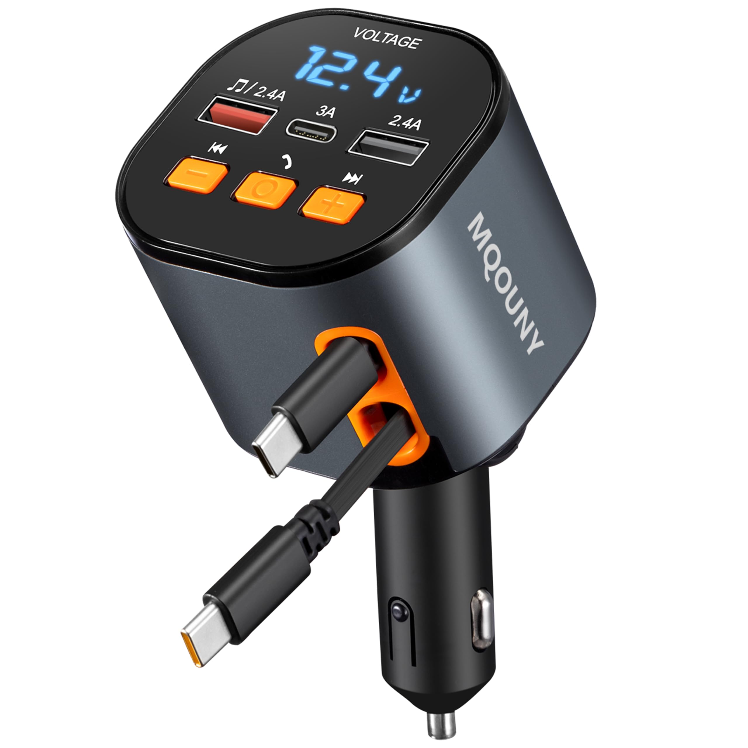 Photo 1 of Retractable Car Charger,5 in 1 Fast Car Phone Charger 90W,Bluetooth 5.3 FM Transmitter Adapter,Handsfree Call,2 Retractable USB-C Cables and USB Cars Chargers for iPhone 16/15/14/13/12/11,Galaxy,Pixel