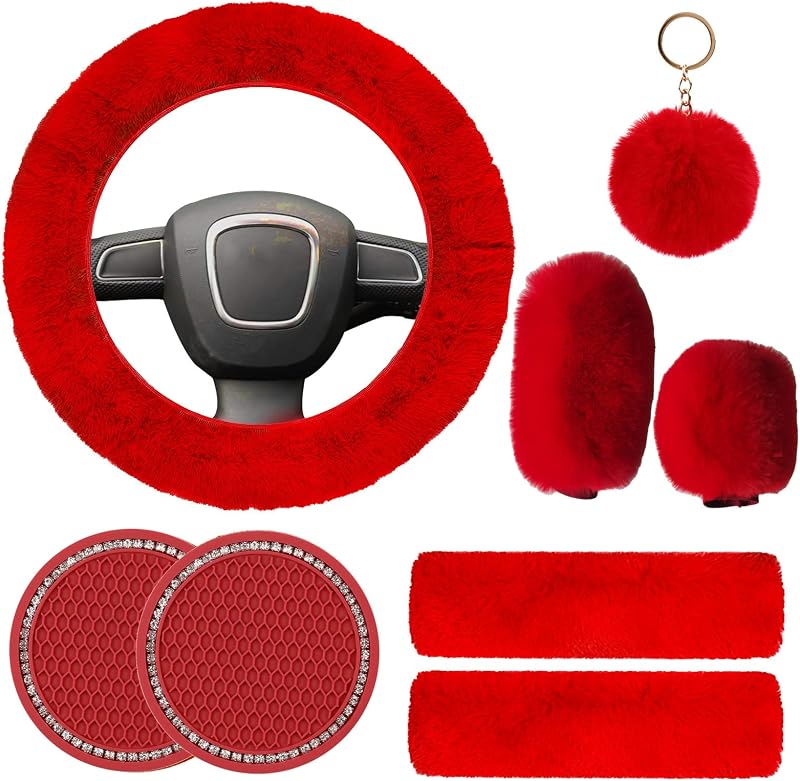 Kit de acessórios internos para carro com capa felpuda para volante YUNXNYC vermelha, 8 peças