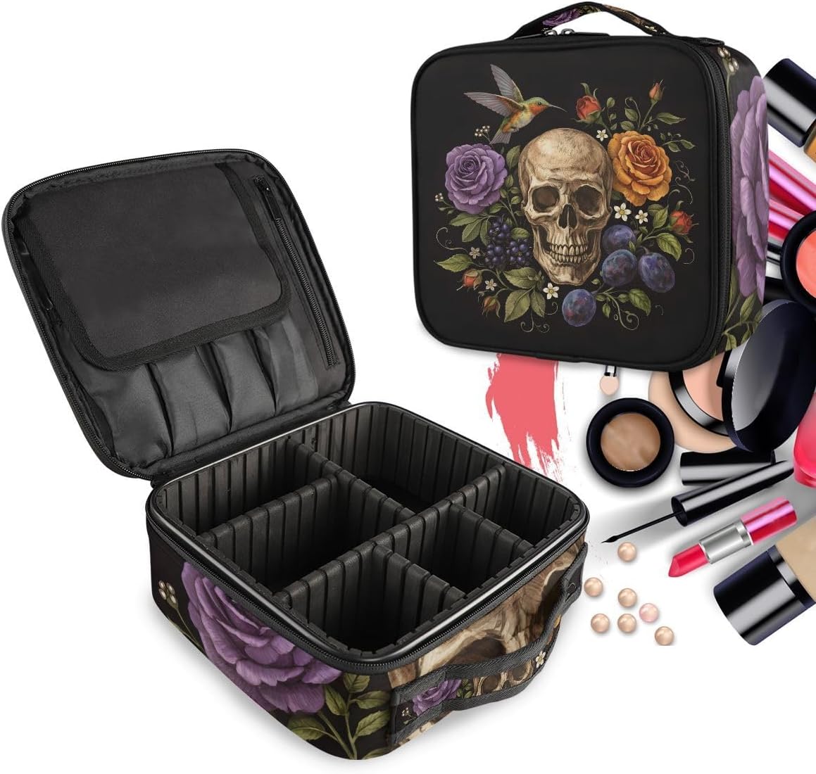 ALAZA Travel Makeup Case, Day of The Dead Skull Rose Humming Bird Dia Muertos Cosmetic toiletry Travel bag for Women Girls