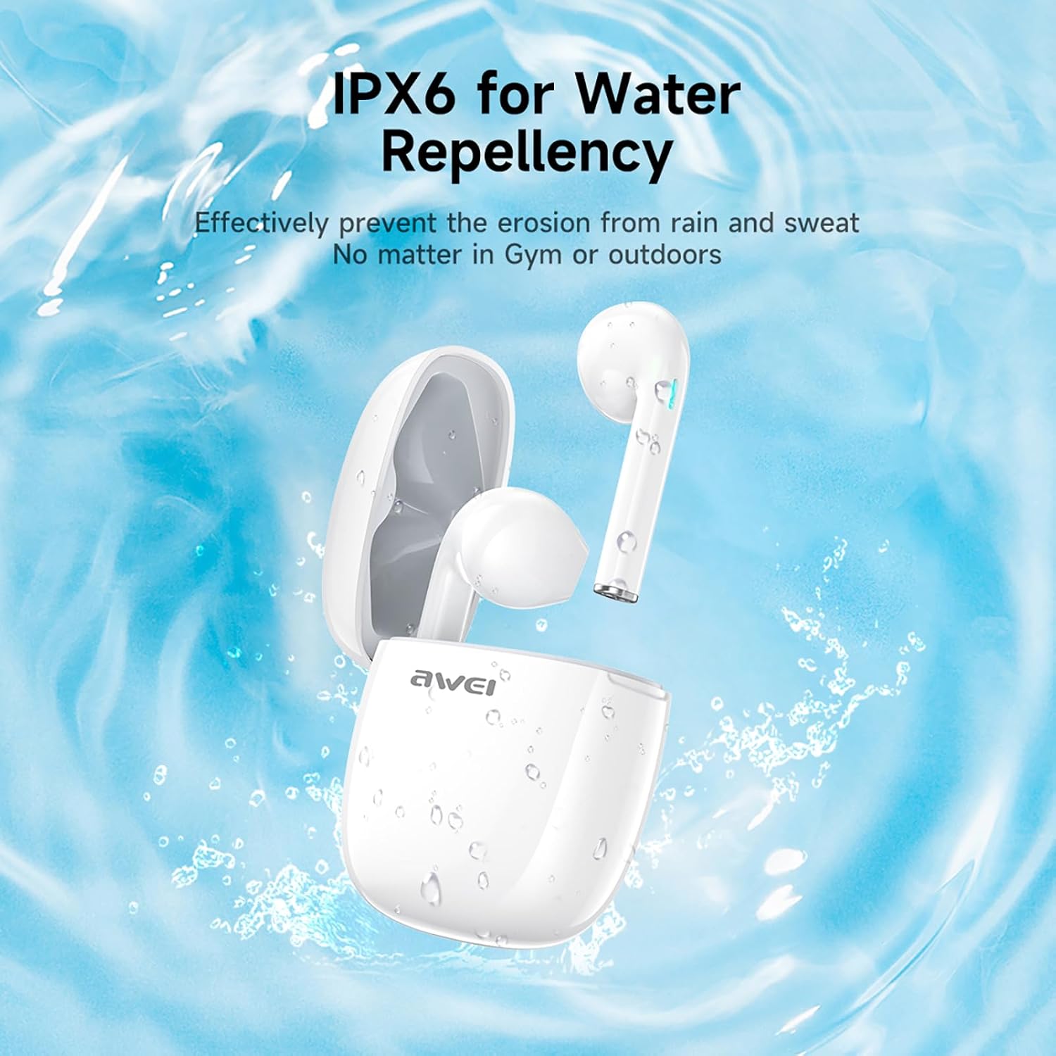 AWEI T28 Earbuds demonstrating IPX6 water repellency