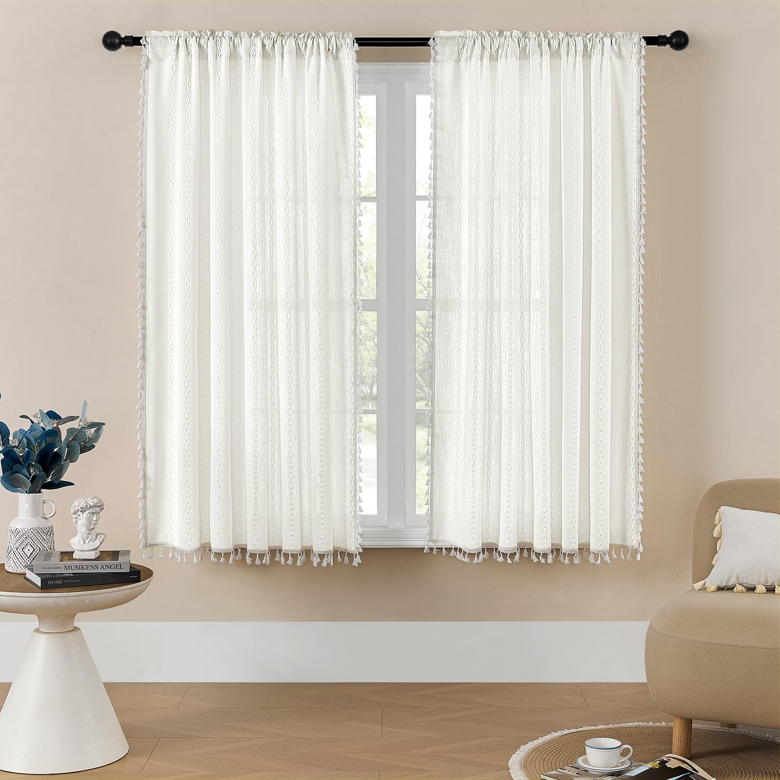 MitoVilla Boho Farmhouse Living Room Curtains 63 Inch Length 2 Panels, Modern French Country Window Curtain for Bedroom, Bohemian Rustic Cotton Linen Tassel Draperies, Ivory