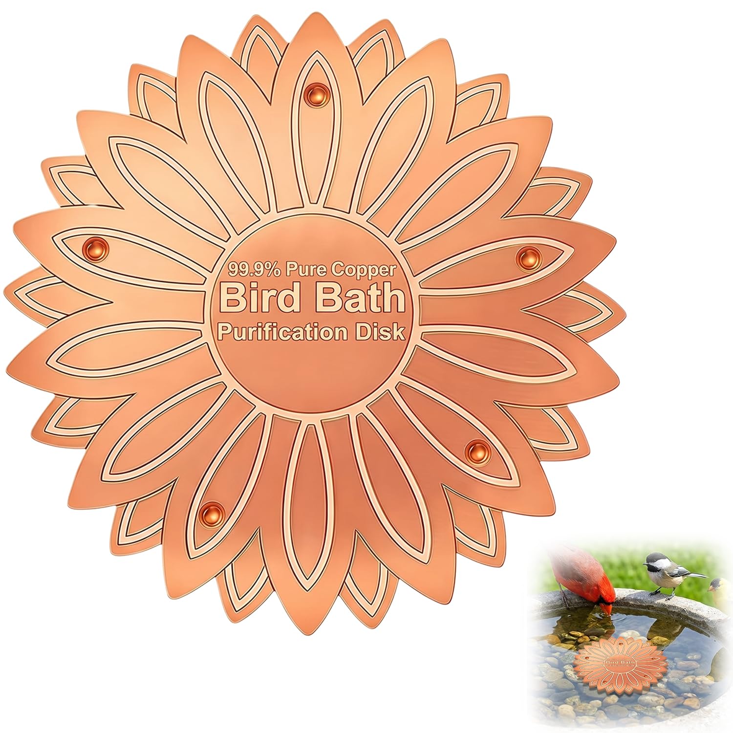 Orsefeliy Bird Bath Copper Disk, Flower Shaped Copper Bird Bath Purification Discs, Self Cleaning Tray with Point Support, Exquisite Water Feature Cleaner for Garden, Courtyard